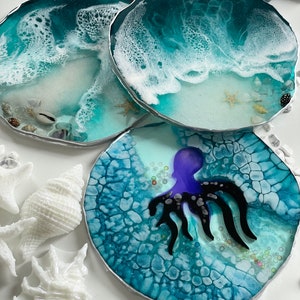 Sea resin coasters with natural mini seashells – Unique Beach Decor Gift